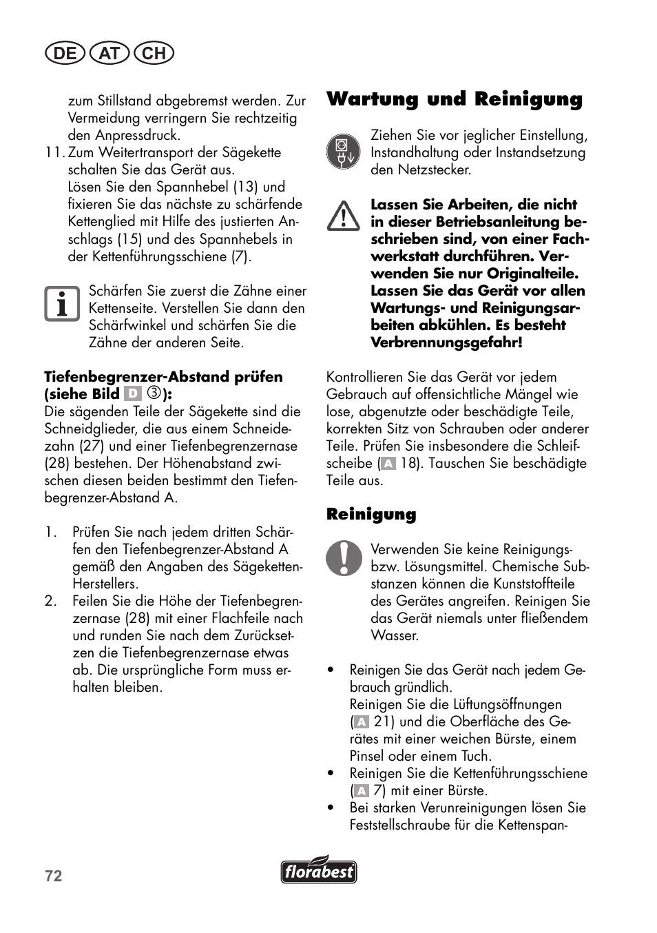 Wartung und reinigung, De at ch | Florabest FSG 85 B1 User Manual | Page 72 / 84