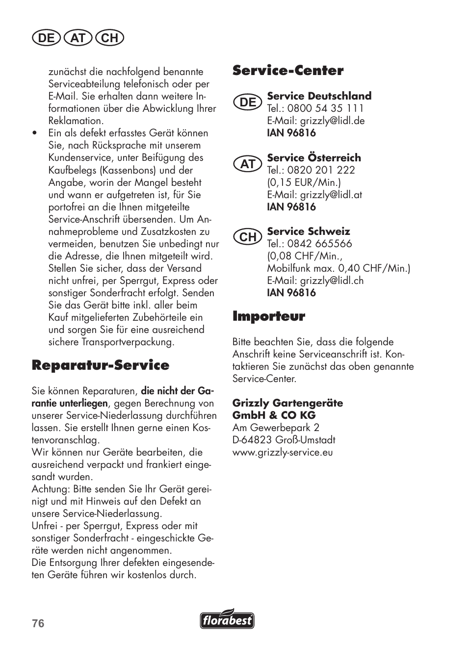 Reparatur-service, Service-center, Importeur | De at ch | Florabest FSG 85 B1 User Manual | Page 76 / 84