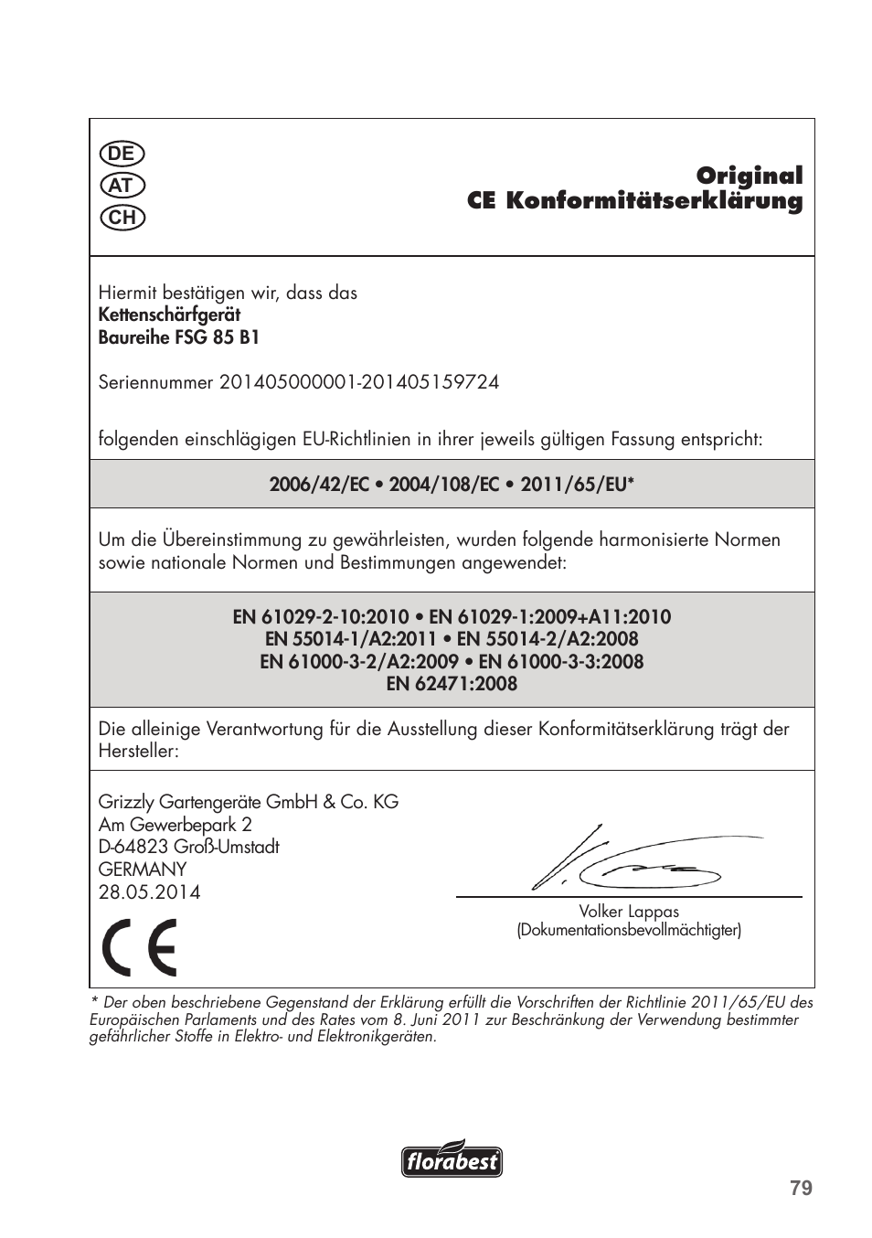 Original ce konformitätserklärung | Florabest FSG 85 B1 User Manual | Page 79 / 84