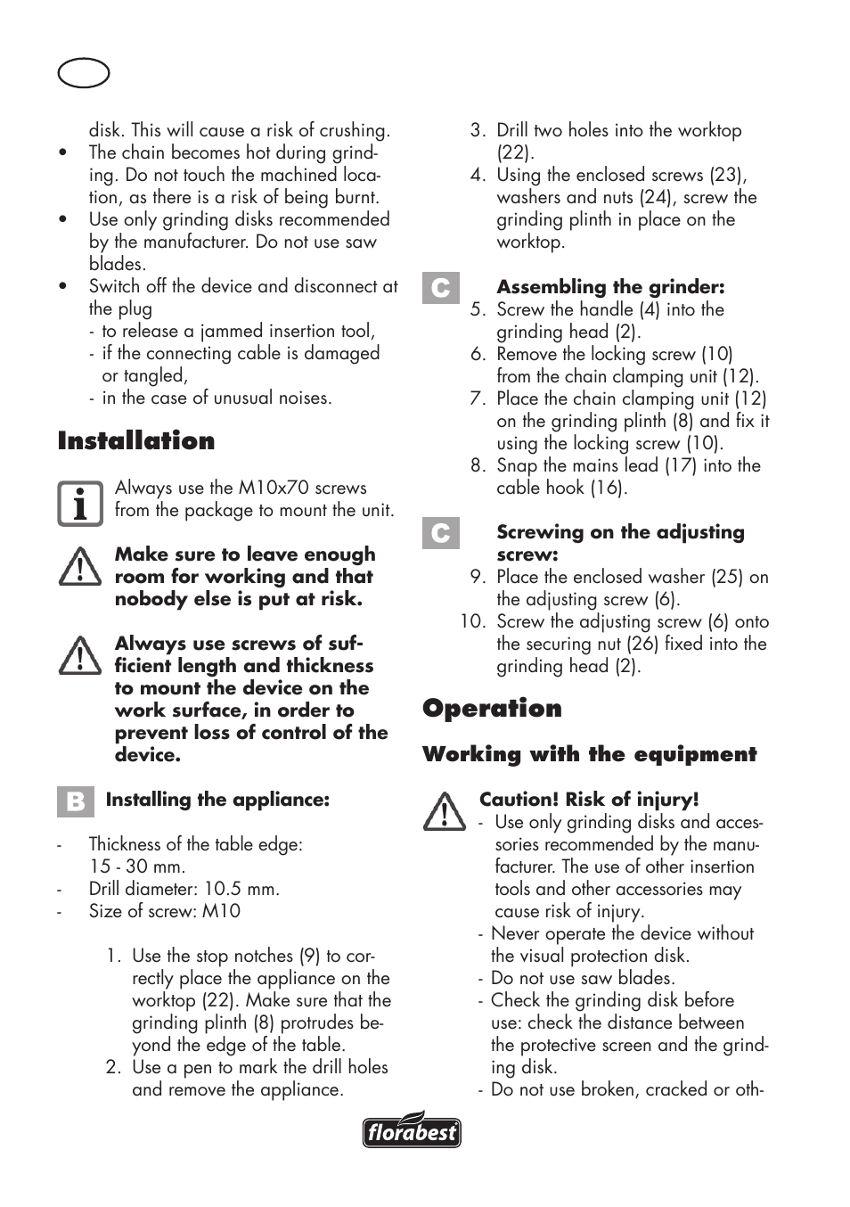 Operation, Installation | Florabest FSG 85 B1 User Manual | Page 10 / 112