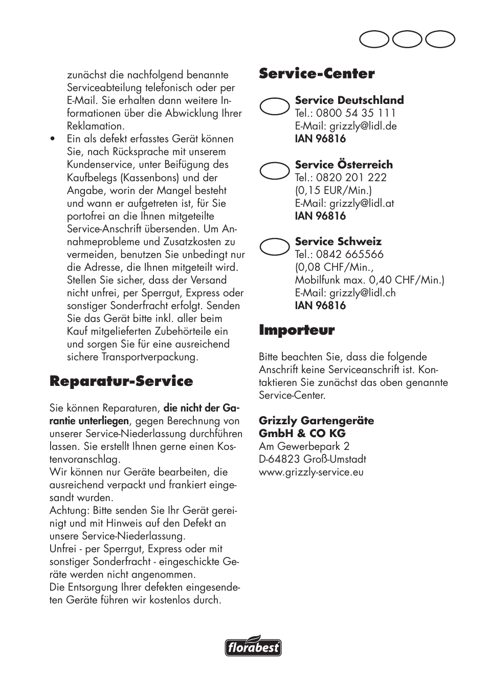 Reparatur-service, Service-center, Importeur | De at ch | Florabest FSG 85 B1 User Manual | Page 103 / 112