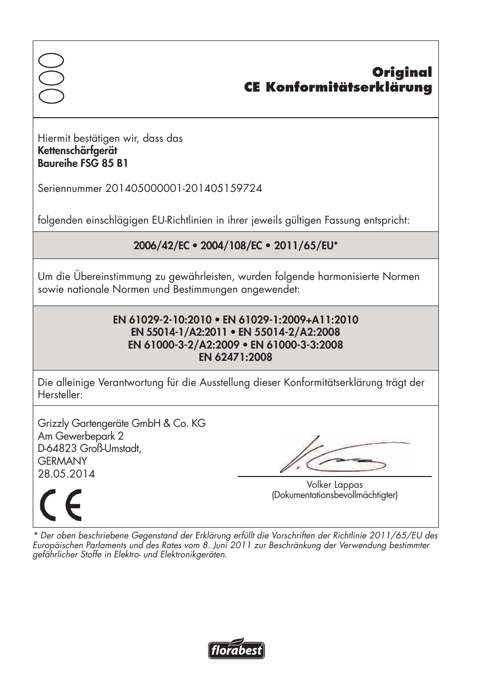 Original ce konformitätserklärung | Florabest FSG 85 B1 User Manual | Page 108 / 112