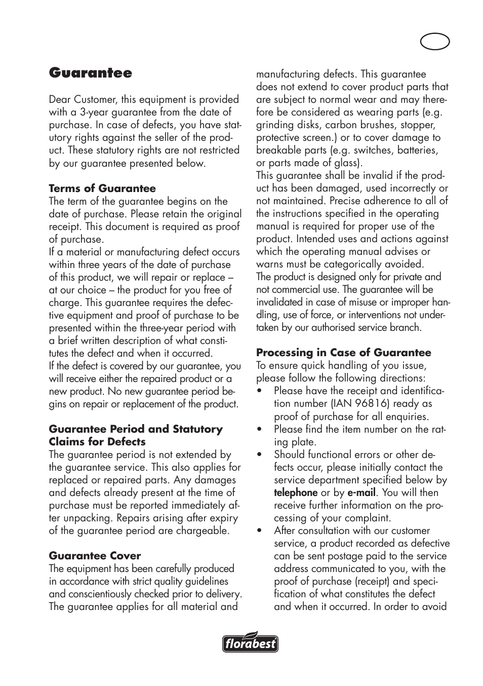 Guarantee | Florabest FSG 85 B1 User Manual | Page 15 / 112