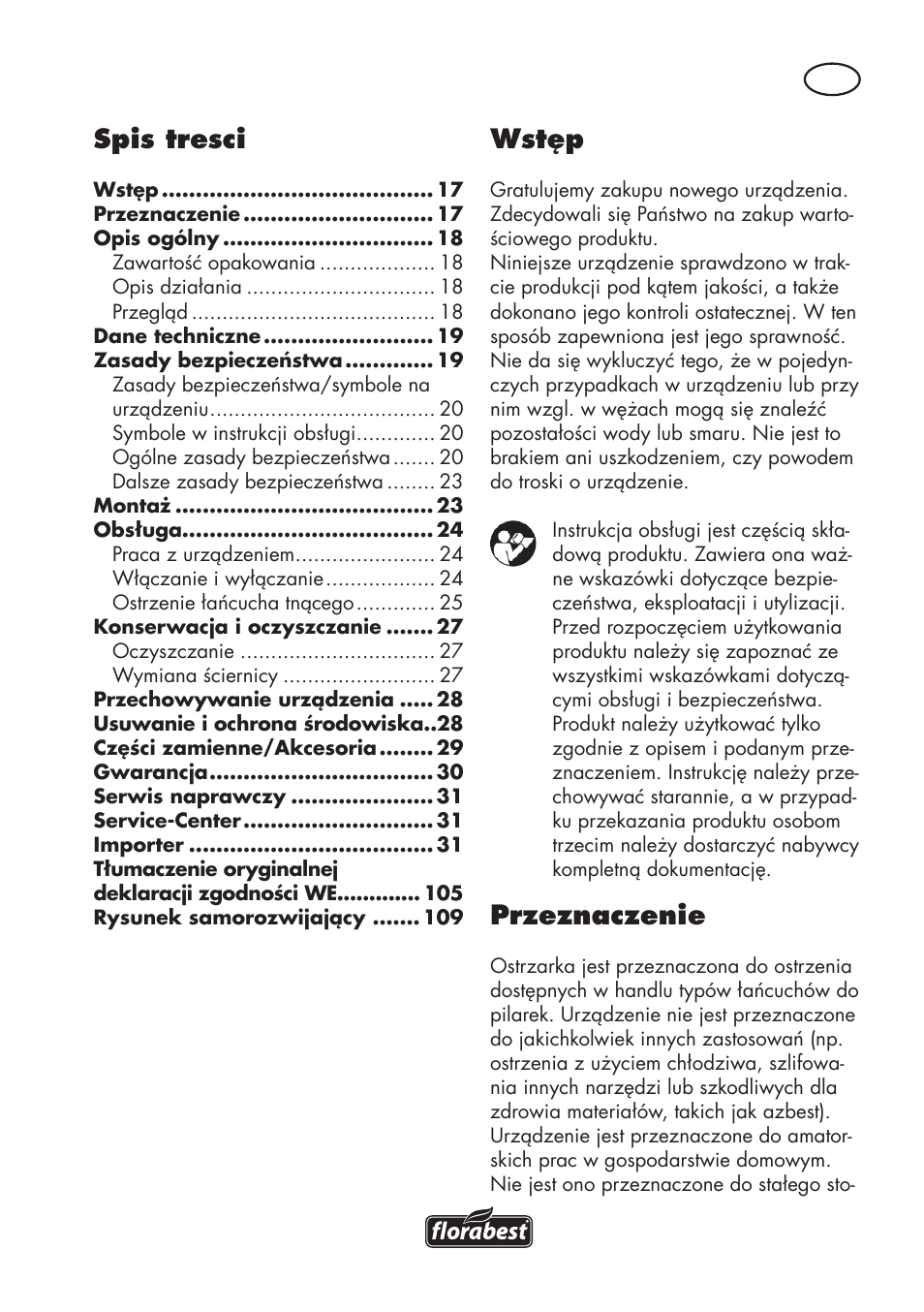 Wstęp, Przeznaczenie, Spis tresci | Florabest FSG 85 B1 User Manual | Page 17 / 112