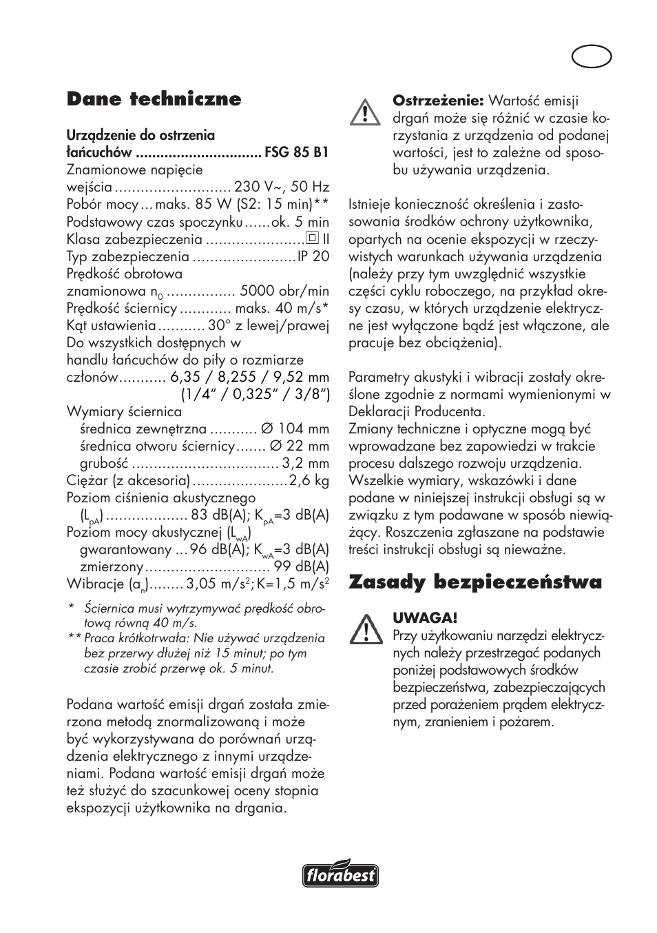 Dane techniczne, Zasady bezpieczeństwa | Florabest FSG 85 B1 User Manual | Page 19 / 112