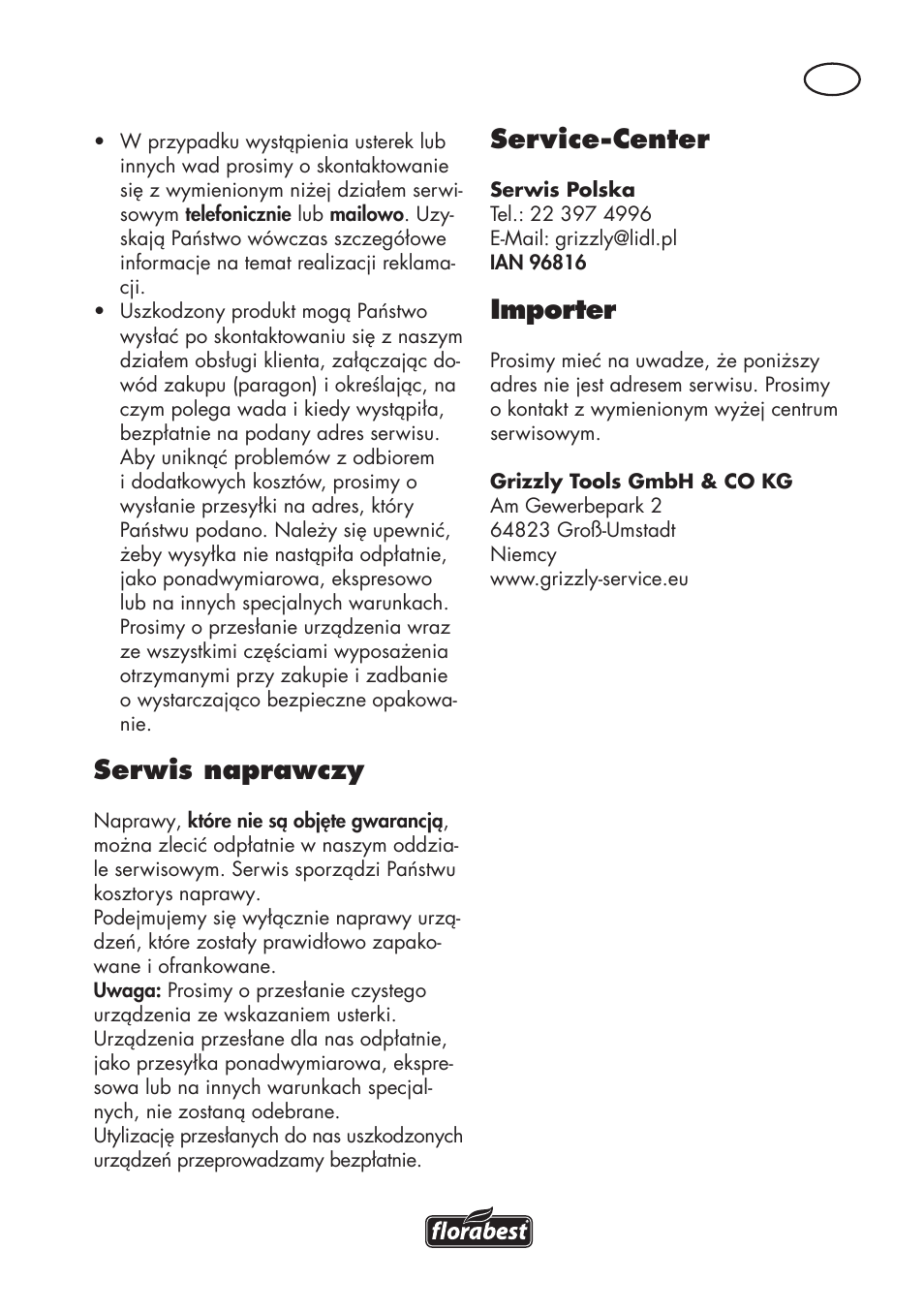 Serwis naprawczy, Service-center, Importer | Florabest FSG 85 B1 User Manual | Page 31 / 112