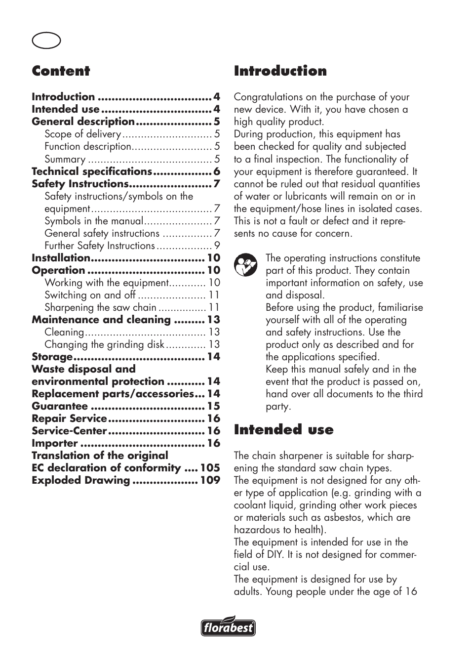 Introduction, Intended use, Content | Florabest FSG 85 B1 User Manual | Page 4 / 112