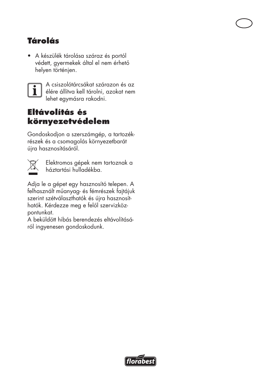 Tárolás, Eltávolítás és környezetvédelem | Florabest FSG 85 B1 User Manual | Page 43 / 112