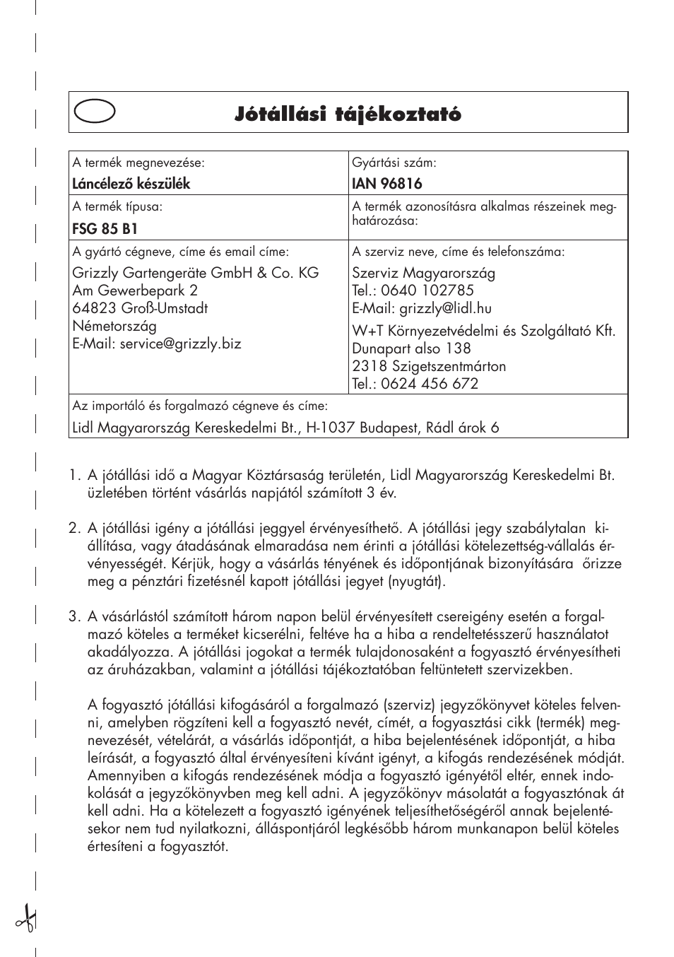 Jótállási tájékoztató | Florabest FSG 85 B1 User Manual | Page 45 / 112