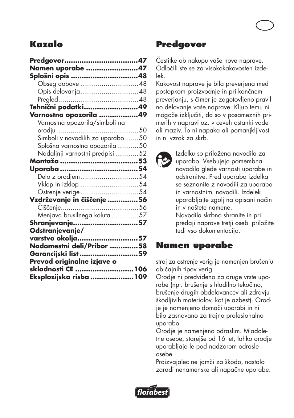 Predgovor, Namen uporabe, Kazalo | Florabest FSG 85 B1 User Manual | Page 47 / 112