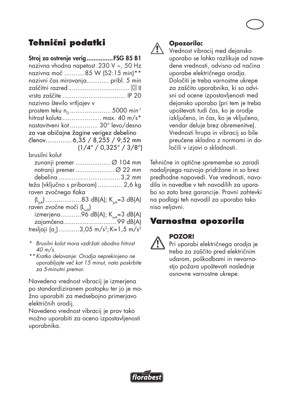 Tehnični podatki, Varnostna opozorila | Florabest FSG 85 B1 User Manual | Page 49 / 112