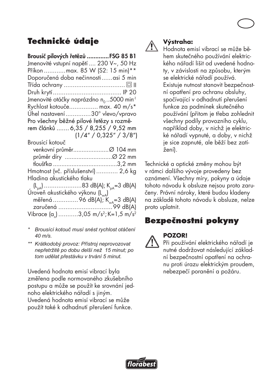 Technické údaje, Bezpečnostní pokyny | Florabest FSG 85 B1 User Manual | Page 63 / 112