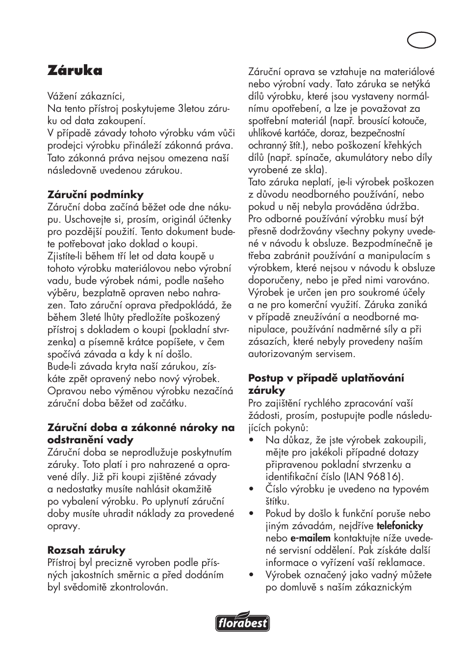 Záruka | Florabest FSG 85 B1 User Manual | Page 73 / 112