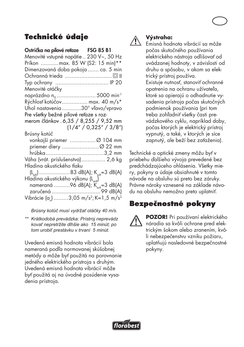 Technické údaje, Bezpečnostné pokyny | Florabest FSG 85 B1 User Manual | Page 77 / 112