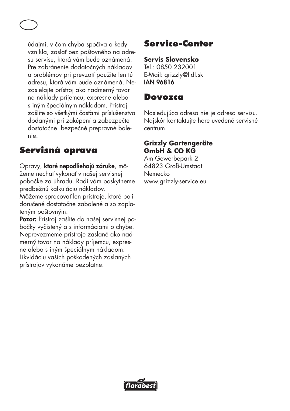 Servisná oprava, Service-center, Dovozca | Florabest FSG 85 B1 User Manual | Page 88 / 112