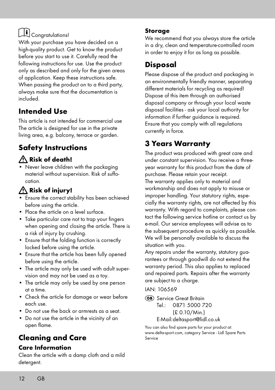 Intended use, Safety instructions, Cleaning and care | Disposal, 3 years warranty | Florabest LS-1708 User Manual | Page 10 / 10