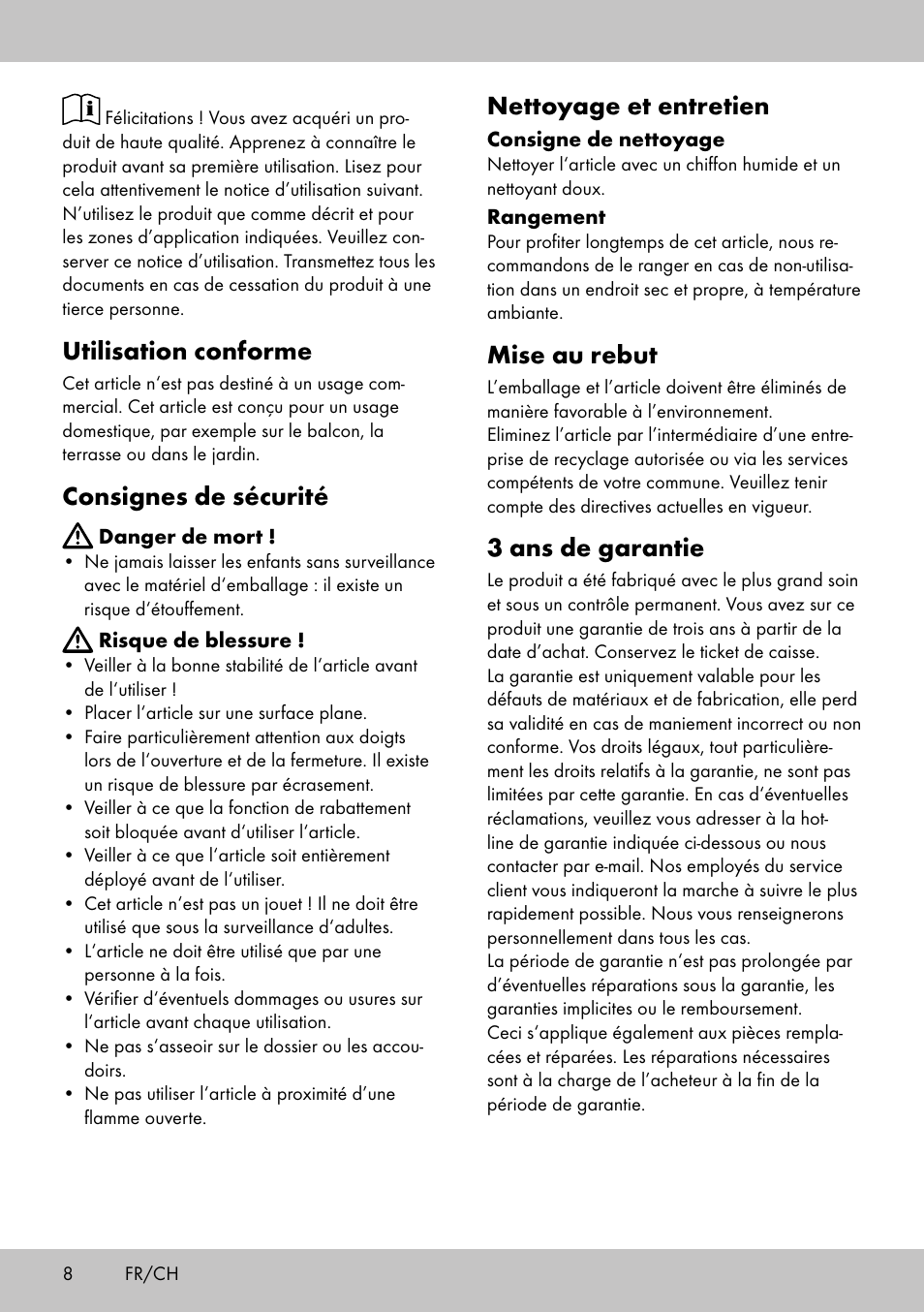 Utilisation conforme, Consignes de sécurité, Nettoyage et entretien | Mise au rebut, 3 ans de garantie | Florabest LS-1708 User Manual | Page 6 / 10