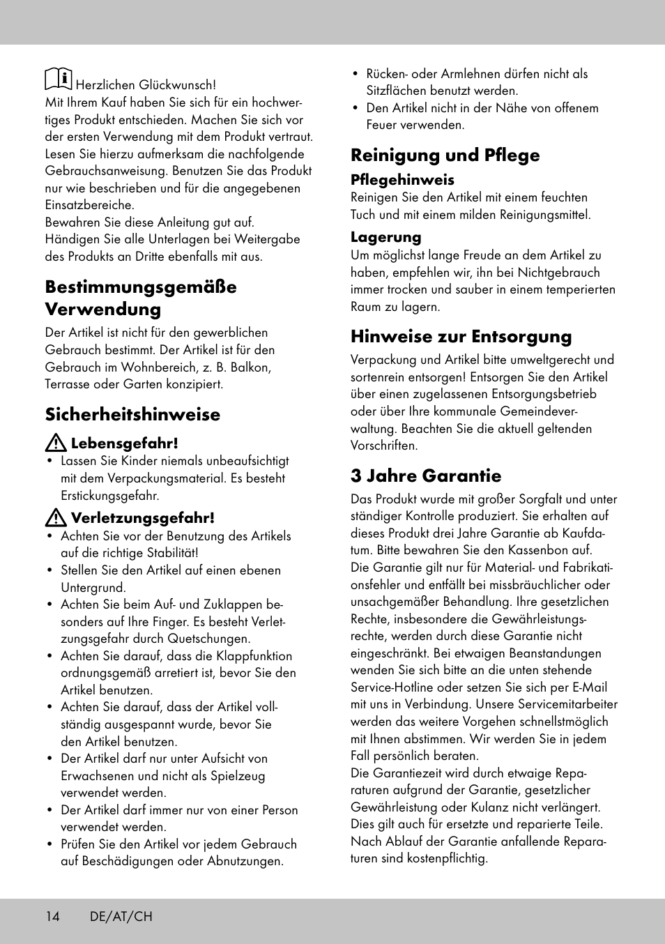 Bestimmungsgemäße verwendung, Sicherheitshinweise, Reinigung und pflege | Hinweise zur entsorgung, 3 jahre garantie | Florabest LS-1708 User Manual | Page 12 / 14