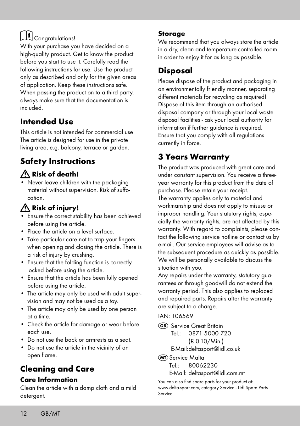 Intended use, Safety instructions, Cleaning and care | Disposal, 3 years warranty | Florabest LS-1708 User Manual | Page 10 / 14