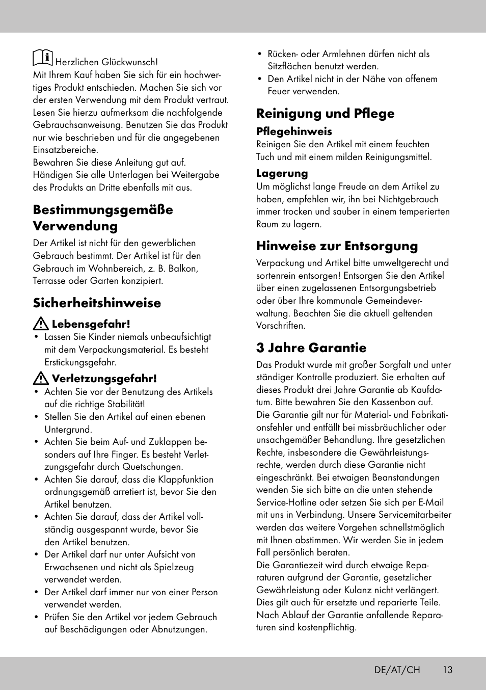 Bestimmungsgemäße verwendung, Sicherheitshinweise, Reinigung und pflege | Hinweise zur entsorgung, 3 jahre garantie | Florabest LS-1708 User Manual | Page 11 / 14