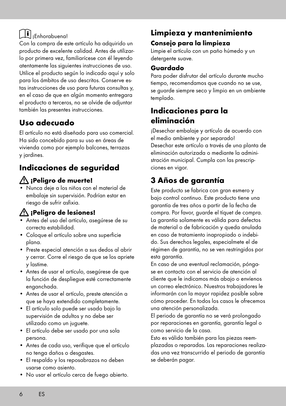 Uso adecuado, Indicaciones de seguridad, Limpieza y mantenimiento | Indicaciones para la eliminación, 3 años de garantía | Florabest LS-1708 User Manual | Page 4 / 14