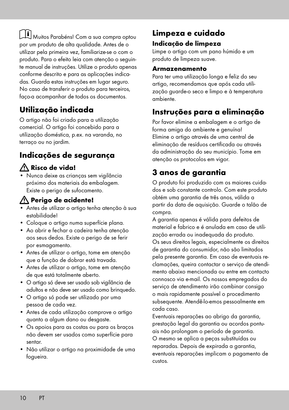 Utilização indicada, Indicações de segurança, Limpeza e cuidado | Instruções para a eliminação, 3 anos de garantia | Florabest LS-1708 User Manual | Page 8 / 14