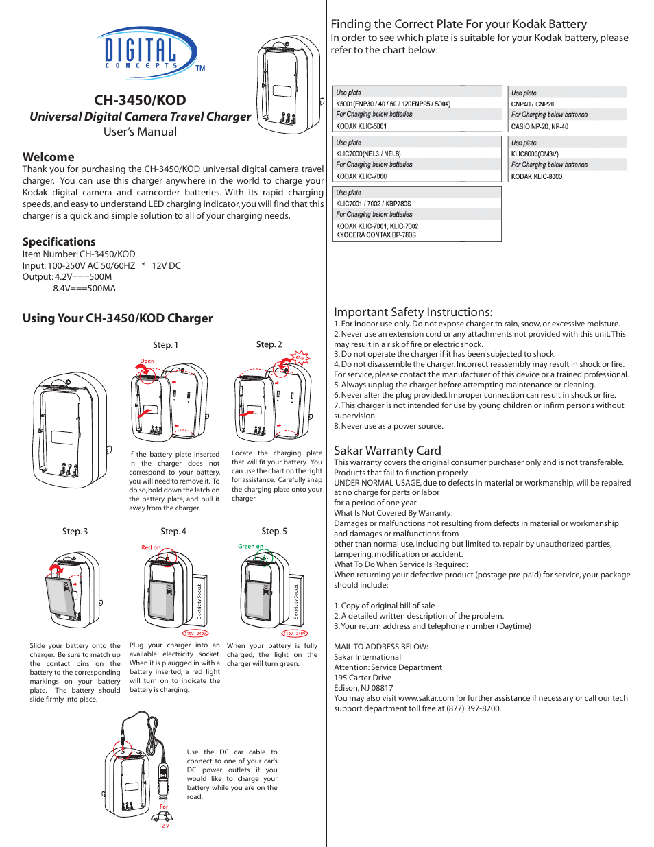 Digital Concepts CH-3450/KOD User Manual | 1 page