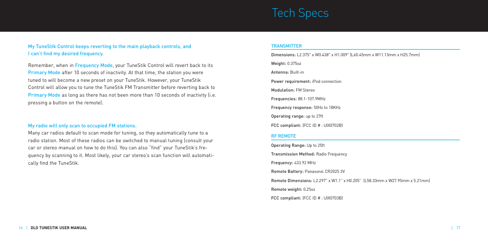 Tech specs | DLO TuneStik DLZ62000 User Manual | Page 9 / 12