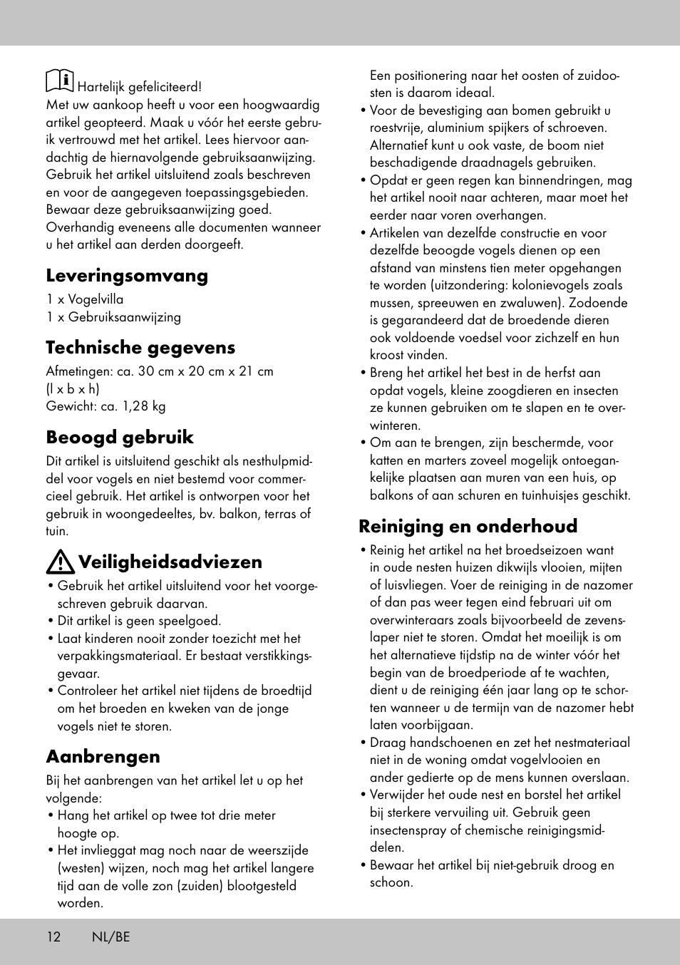 Leveringsomvang, Technische gegevens, Beoogd gebruik | Veiligheidsadviezen, Aanbrengen, Reiniging en onderhoud | Florabest Bird House Style A User Manual | Page 12 / 16