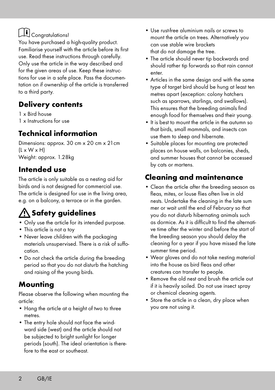 Delivery contents, Technical information, Intended use | Safety guidelines, Mounting, Cleaning and maintenance | Florabest Bird House Style A User Manual | Page 2 / 16
