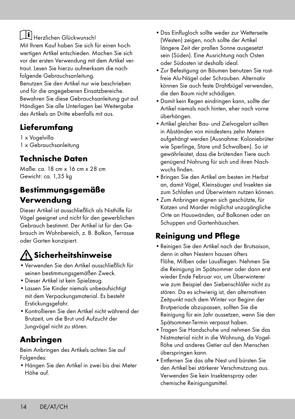 Lieferumfang, Technische daten, Bestimmungsgemäße verwendung | Sicherheitshinweise, Anbringen, Reinigung und pflege | Florabest Bird House Style C User Manual | Page 14 / 16
