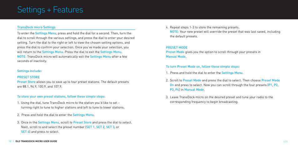 Settings + features | DLO TransDock Micro User Manual | Page 6 / 11