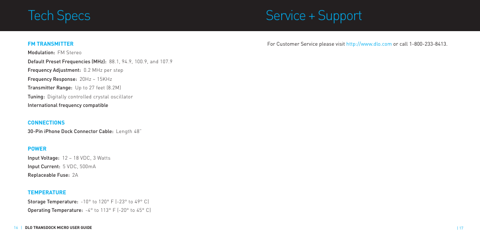 Tech specs, Service + support | DLO TransDock Micro User Manual | Page 9 / 11