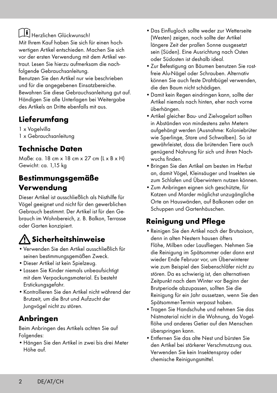 Lieferumfang, Technische daten, Bestimmungsgemäße verwendung | Sicherheitshinweise, Anbringen, Reinigung und pflege | Florabest Bird House Style D User Manual | Page 2 / 12