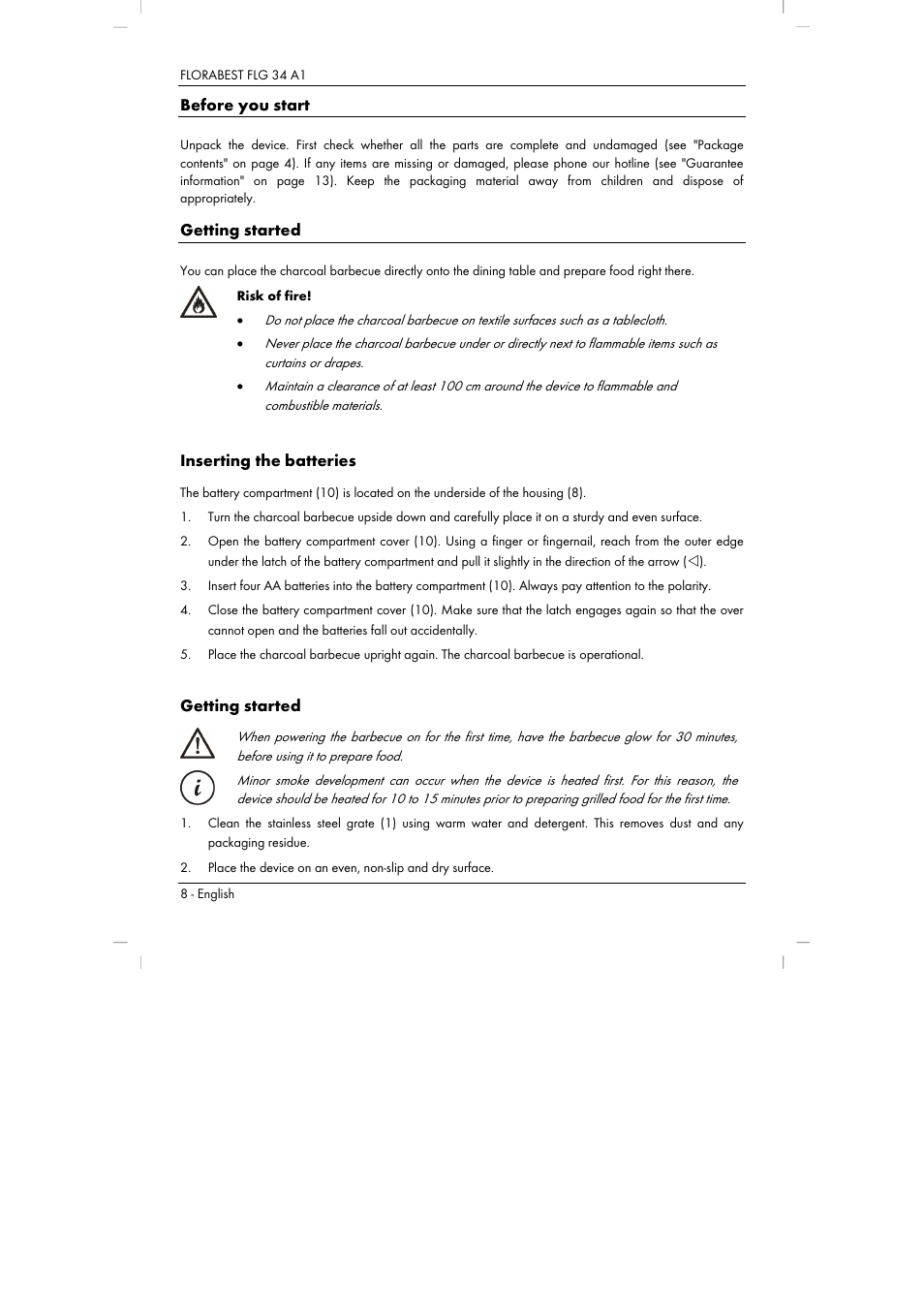 Before you start, Getting started, Inserting the batteries | Florabest FLG 34 A1 User Manual | Page 10 / 87