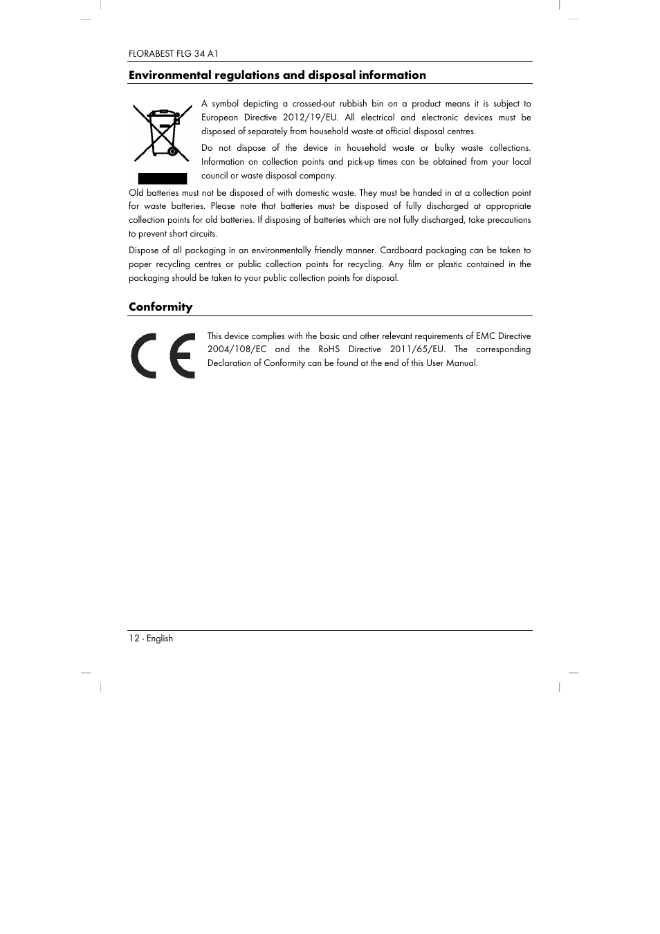 Environmental regulations and disposal information, Conformity | Florabest FLG 34 A1 User Manual | Page 14 / 87