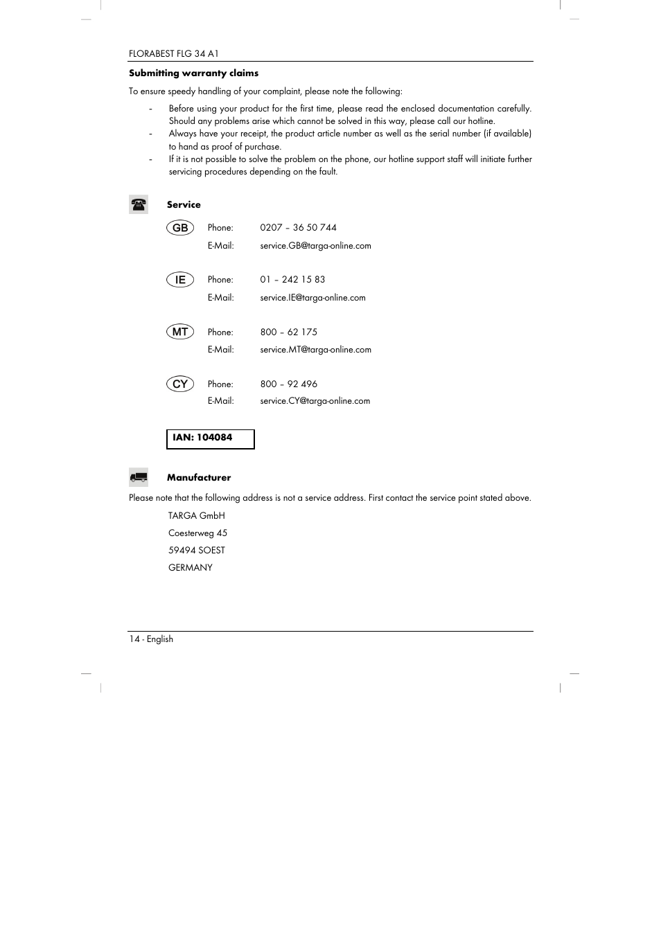 Florabest FLG 34 A1 User Manual | Page 16 / 87