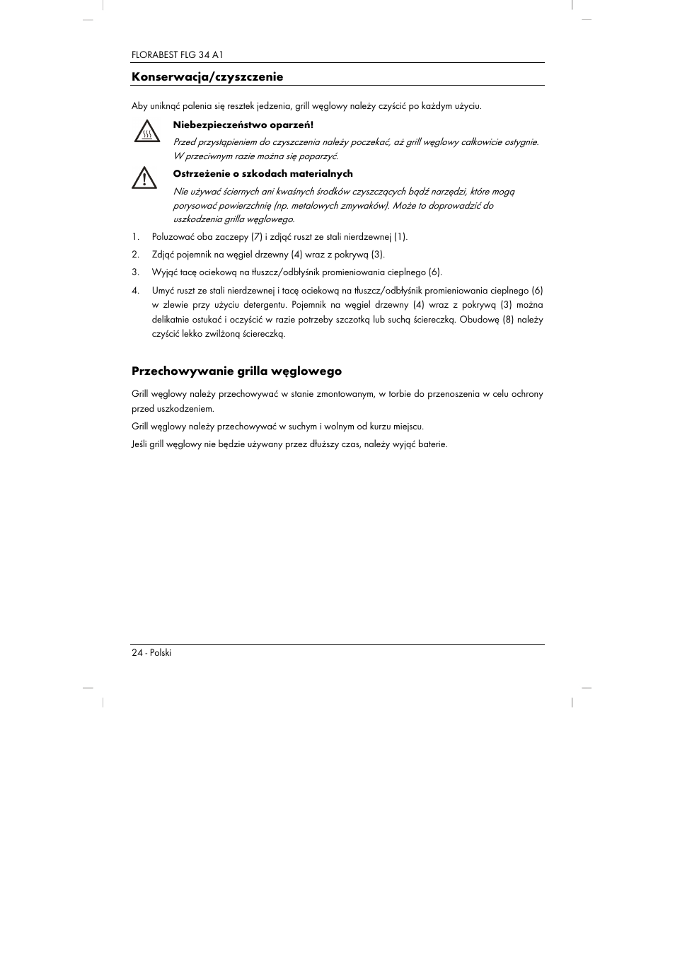 Konserwacja/czyszczenie, Przechowywanie grilla węglowego | Florabest FLG 34 A1 User Manual | Page 26 / 87