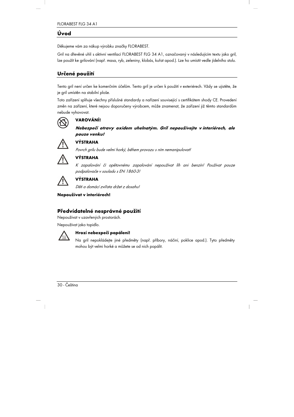 Úvod, Určené použití, Předvídatelné nesprávné použití | Florabest FLG 34 A1 User Manual | Page 32 / 87