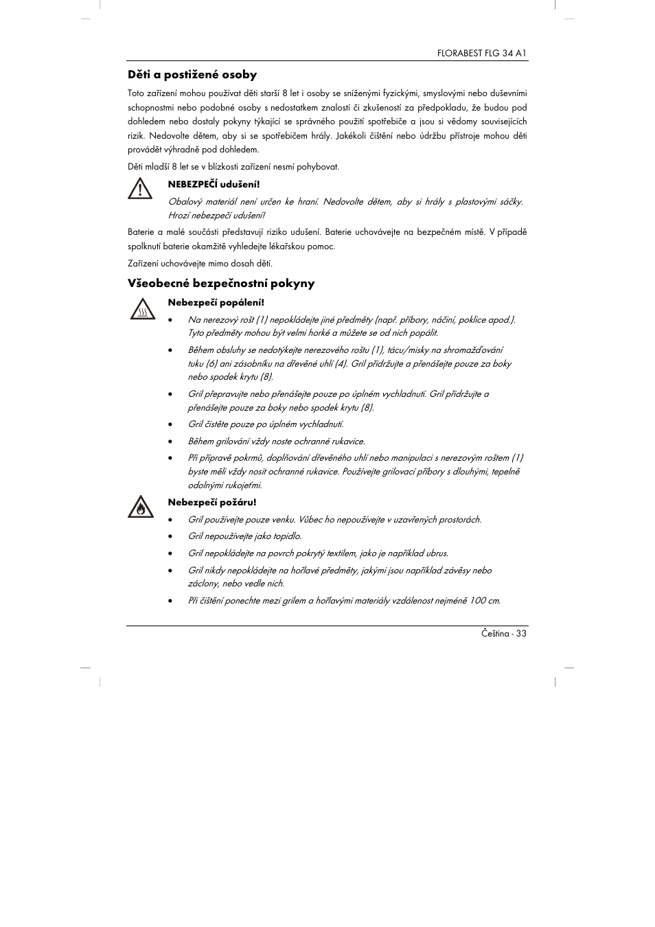 Děti a postižené osoby, Všeobecné bezpečnostní pokyny | Florabest FLG 34 A1 User Manual | Page 35 / 87