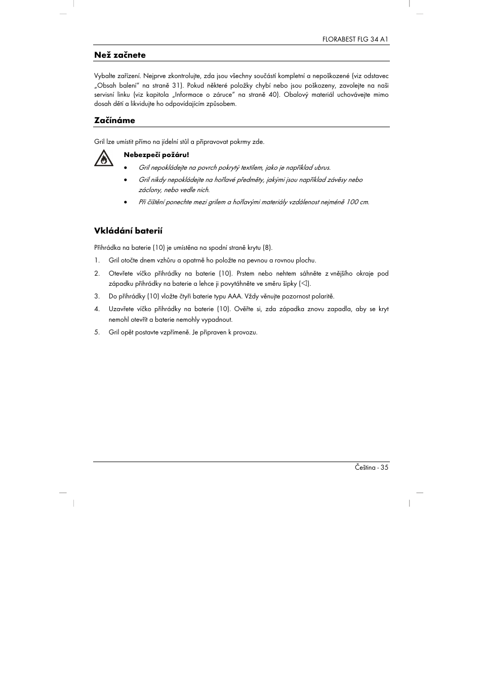 Než začnete, Začínáme, Vkládání baterií | Florabest FLG 34 A1 User Manual | Page 37 / 87