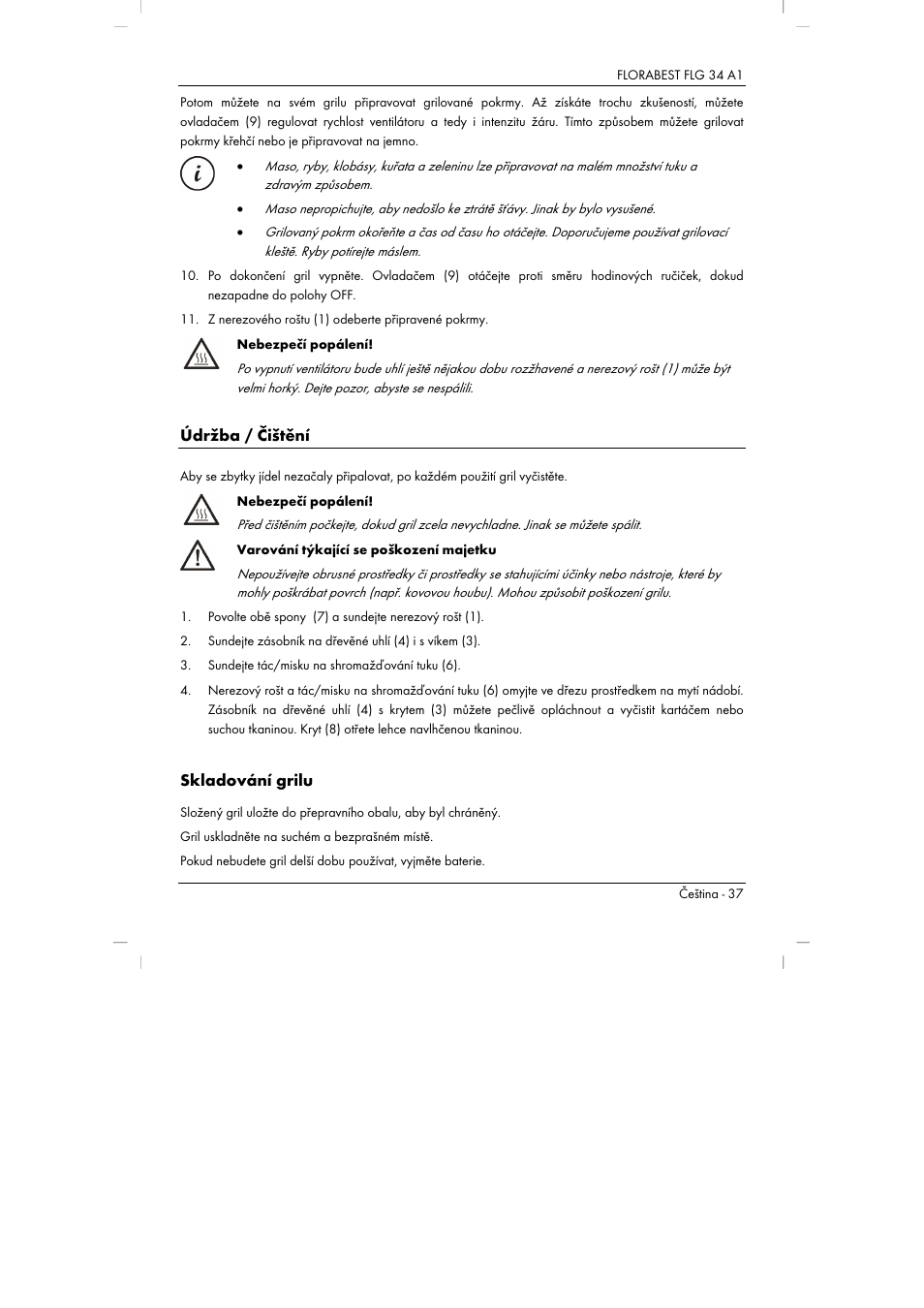 Údržba / čištění, Skladování grilu | Florabest FLG 34 A1 User Manual | Page 39 / 87