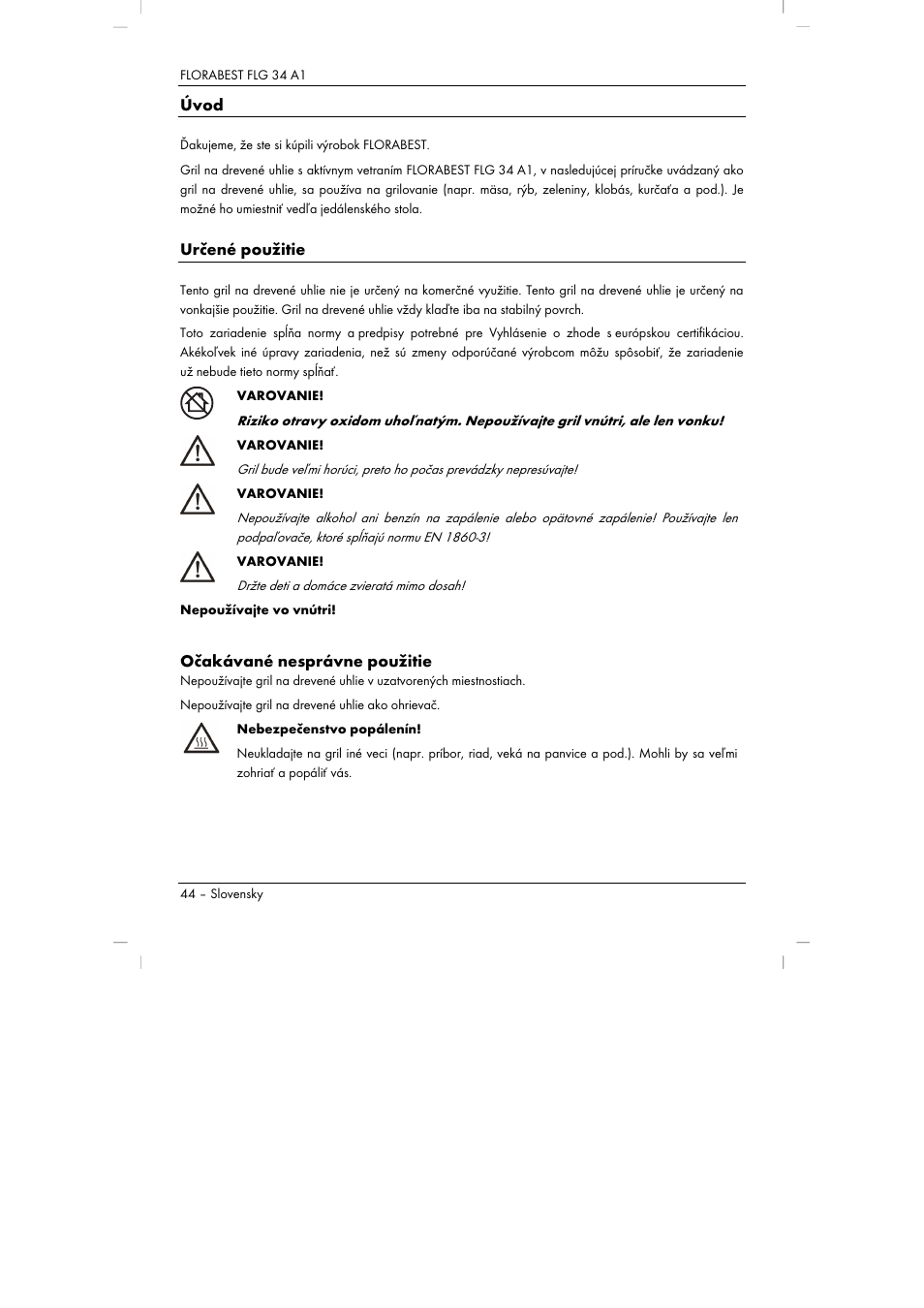 Úvod, Určené použitie, Očakávané nesprávne použitie | Florabest FLG 34 A1 User Manual | Page 46 / 87
