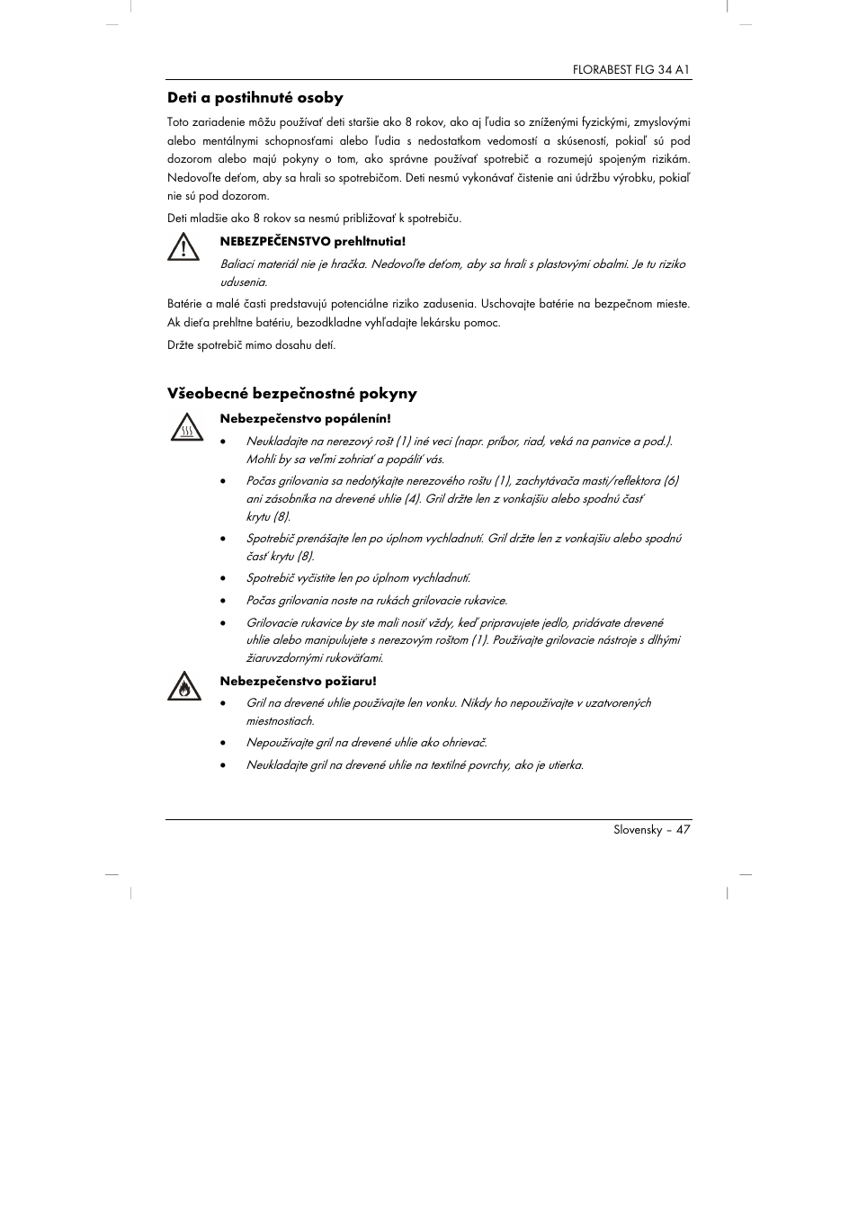 Deti a postihnuté osoby, Všeobecné bezpečnostné pokyny | Florabest FLG 34 A1 User Manual | Page 49 / 87