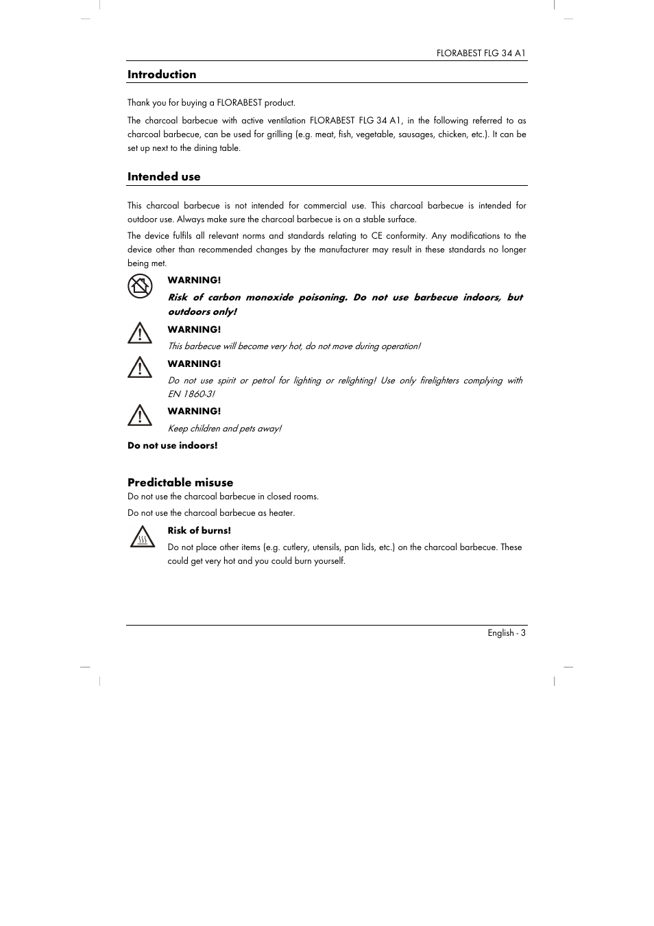 Introduction, Intended use, Predictable misuse | Florabest FLG 34 A1 User Manual | Page 5 / 87