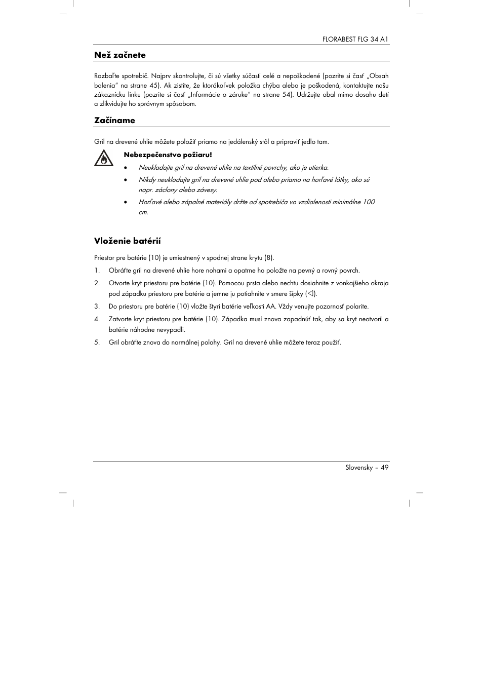 Než začnete, Začíname, Vloženie batérií | Florabest FLG 34 A1 User Manual | Page 51 / 87