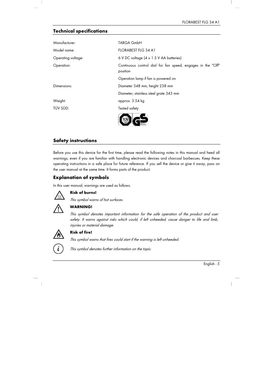 Technical specifications, Safety instructions, Explanation of symbols | Florabest FLG 34 A1 User Manual | Page 7 / 87