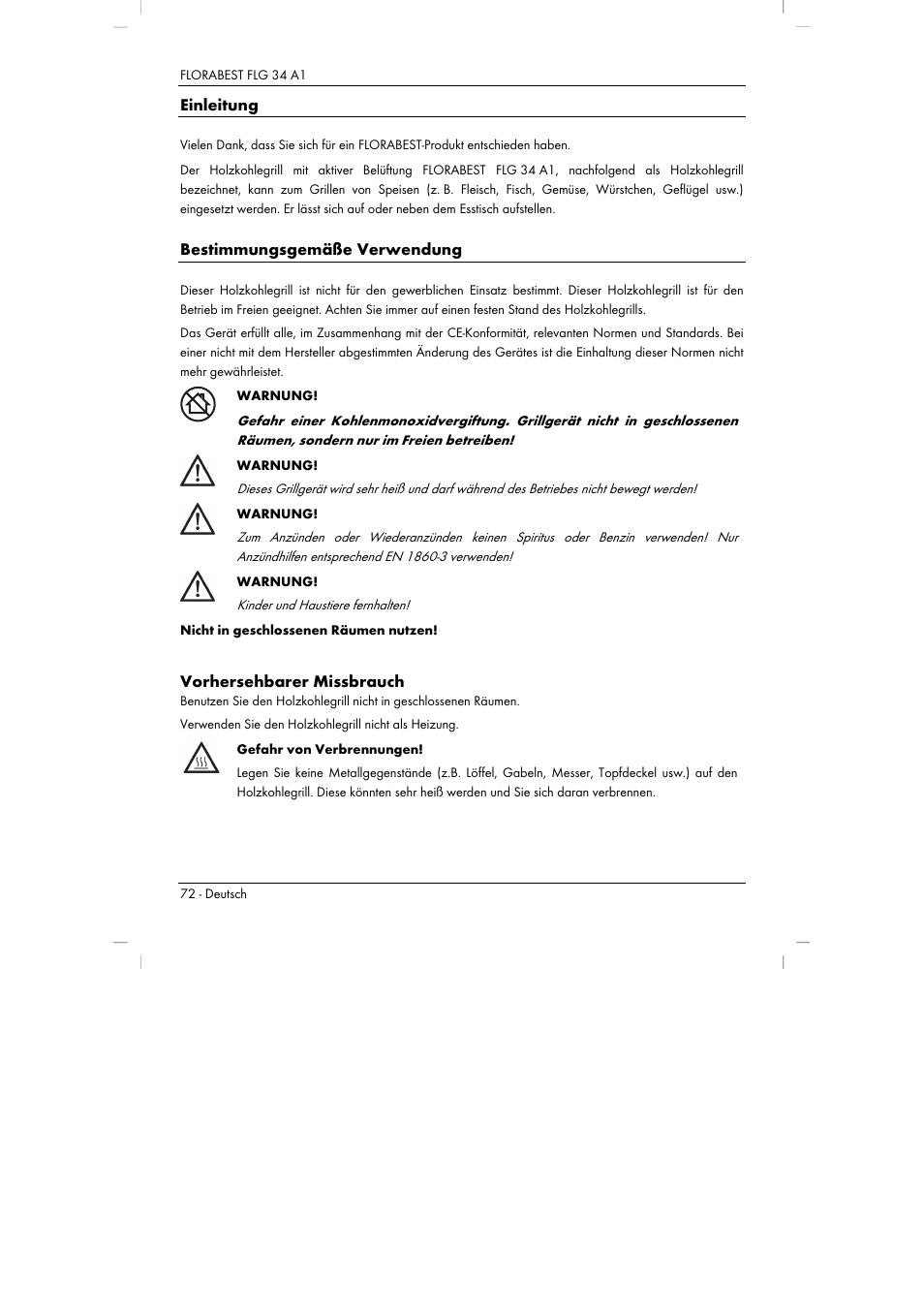 Einleitung, Bestimmungsgemäße verwendung, Vorhersehbarer missbrauch | Florabest FLG 34 A1 User Manual | Page 74 / 87