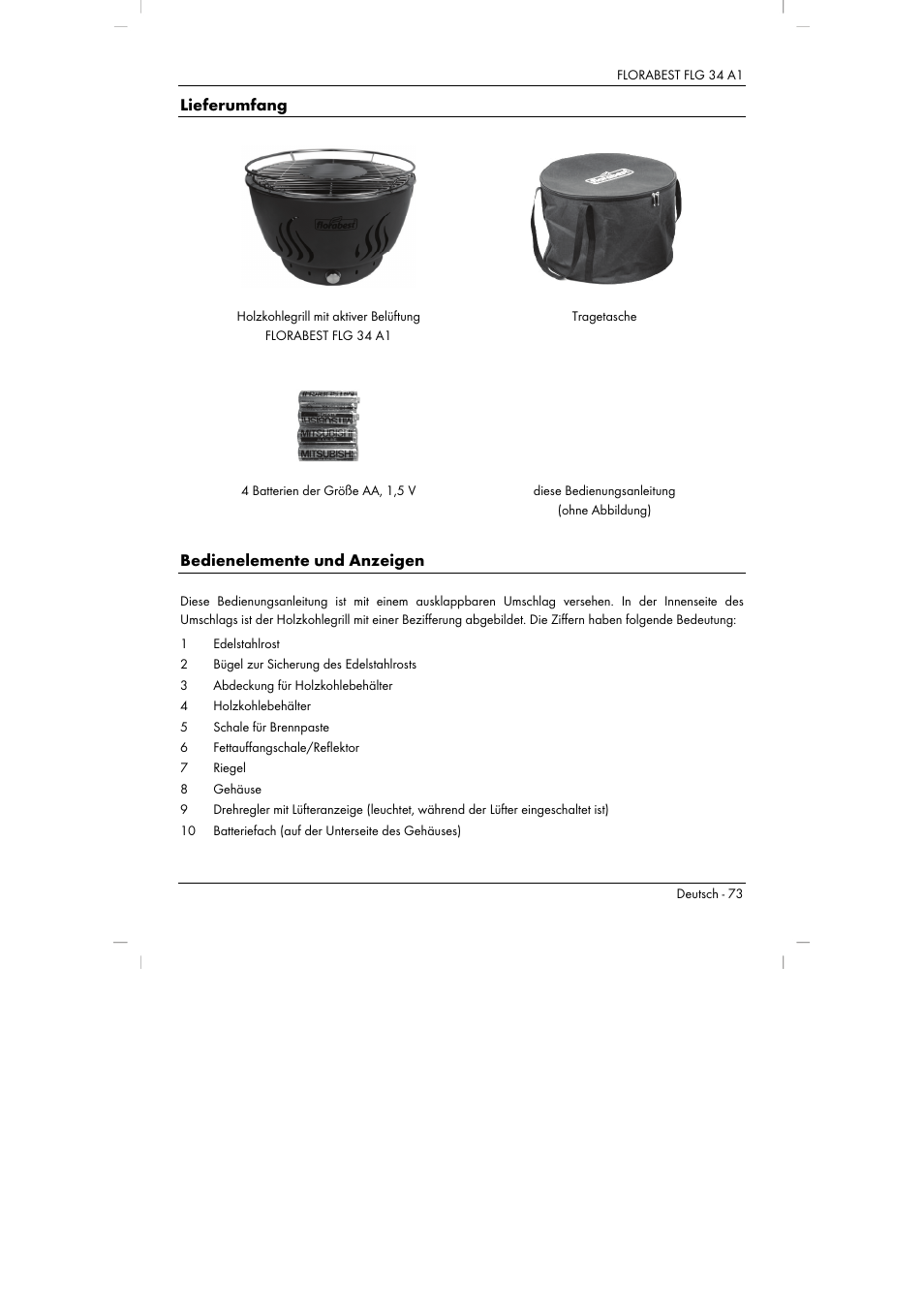 Lieferumfang, Bedienelemente und anzeigen | Florabest FLG 34 A1 User Manual | Page 75 / 87