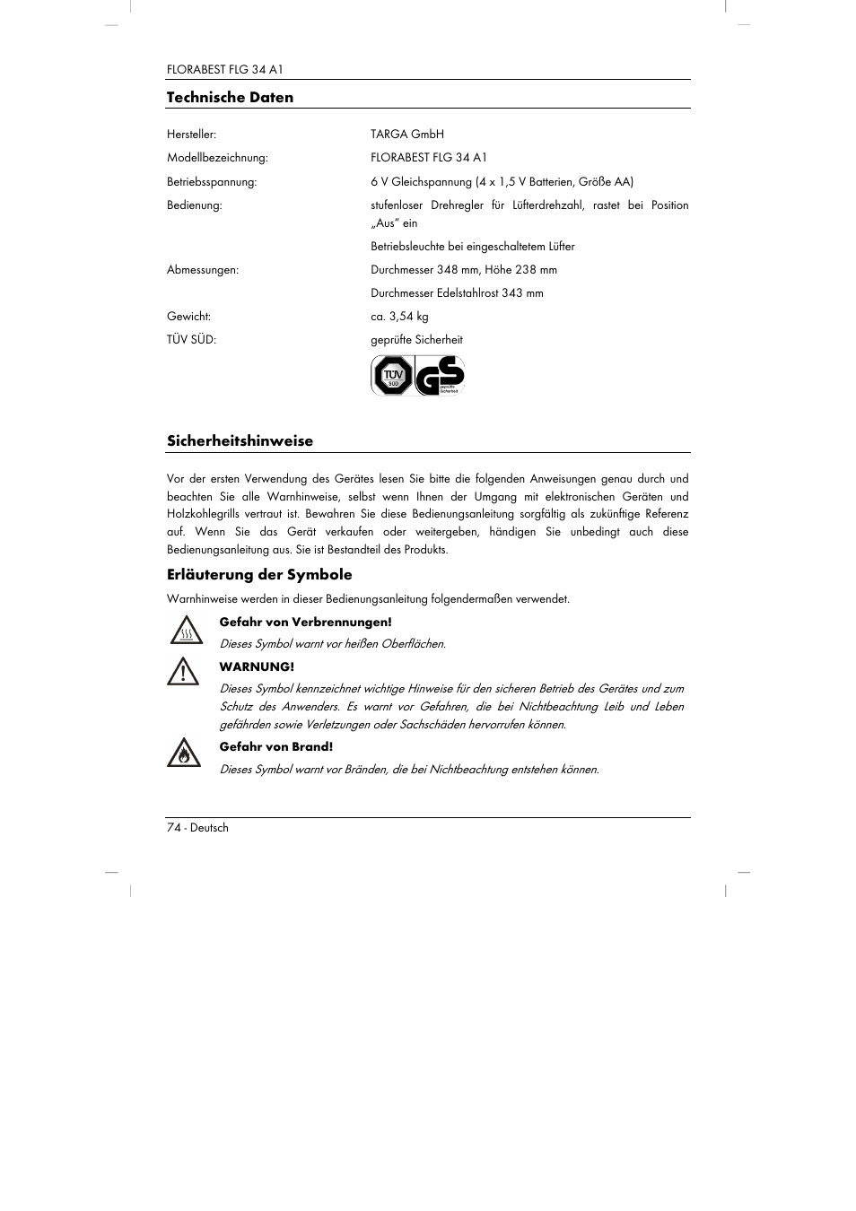Technische daten, Sicherheitshinweise, Erläuterung der symbole | Florabest FLG 34 A1 User Manual | Page 76 / 87